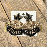 Grad Hat Seed Bead Earrings | Gold+Black
