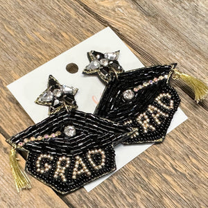 Grad Hat Seed Bead Earrings | Black