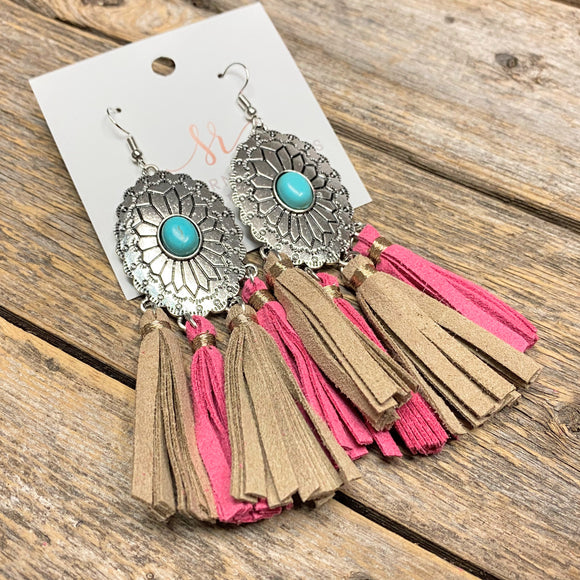 Turquoise+Suede Tassel Earrings | Pink