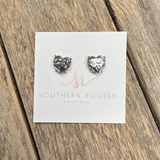 Glitter Heart Stud Earrings | Gold Setting+Silver Glitter