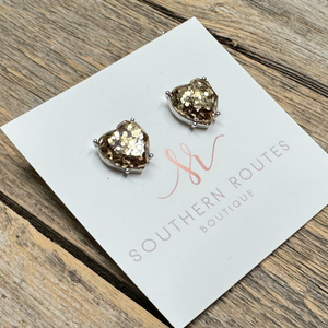 Glitter Heart Stud Earrings | Silver Setting+Gold Glitter