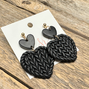 Clay Cable Knit Heart Earrings | Black