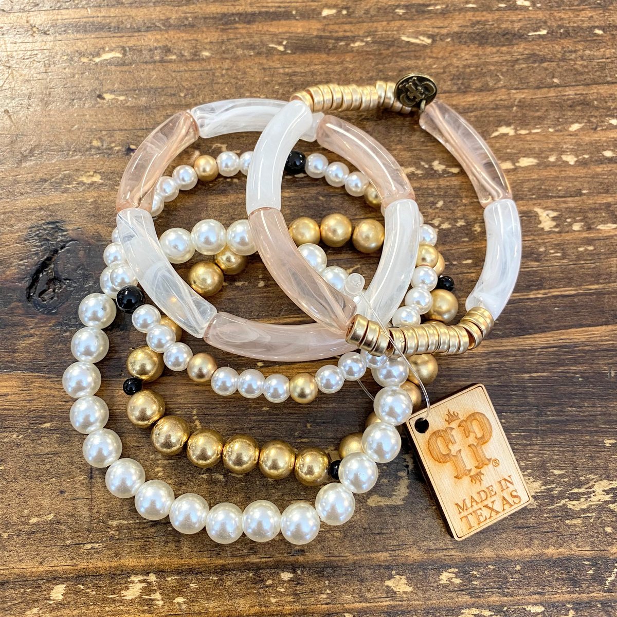 Ivory/Blush Acrylic+Pearl Bracelet Set | Pink Panache