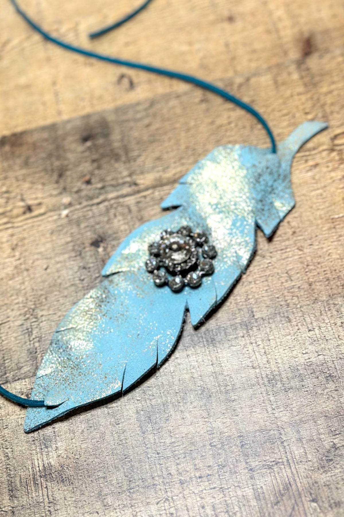 Hand Cut Leather Feather Hat Band | Turq Shimmer Rhinestone