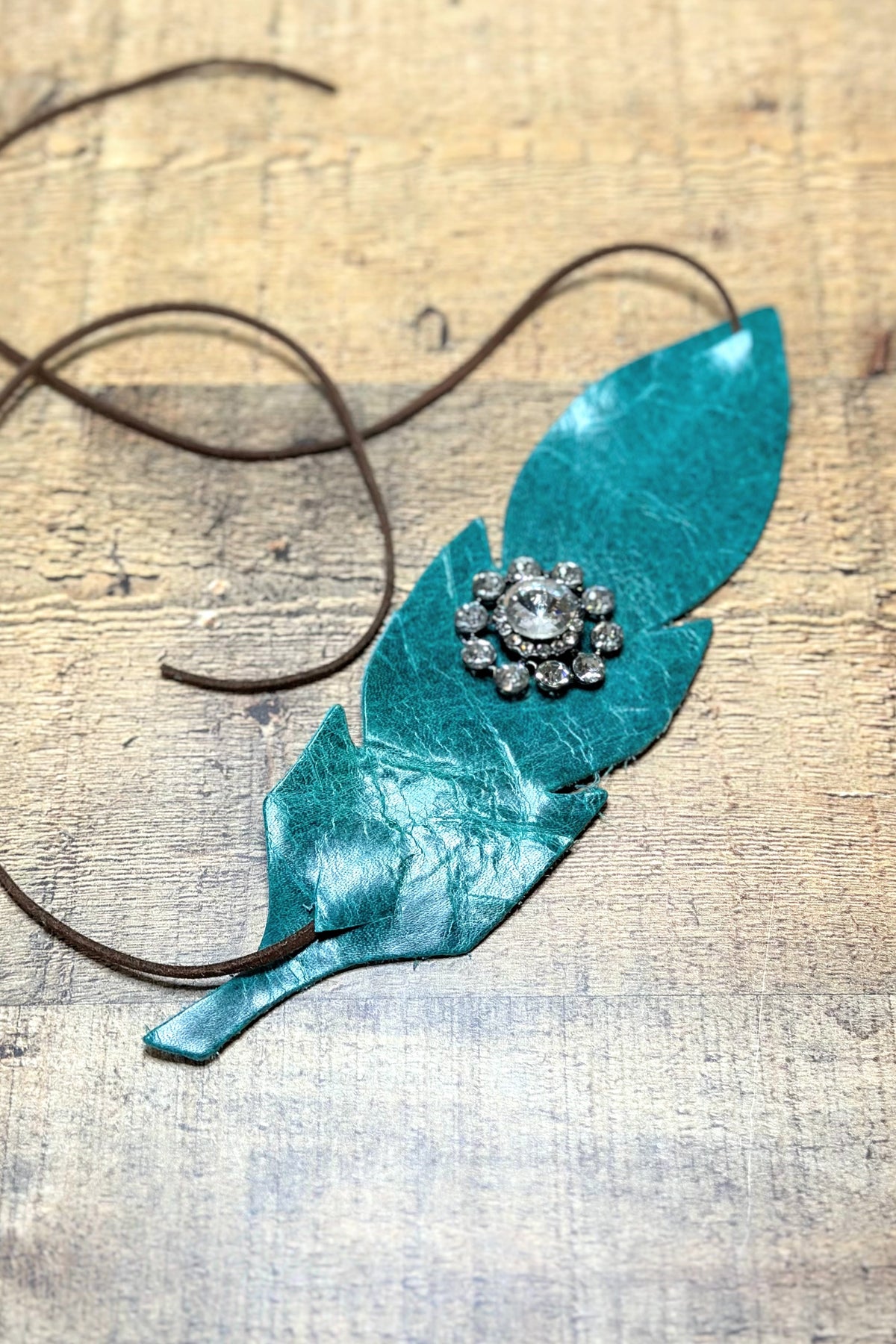 Hand Cut Leather Feather Hat Band | Turq Rhinestone