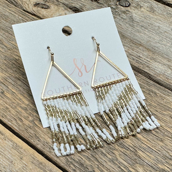 Triangle Seed Bead Dangle Earrings | White