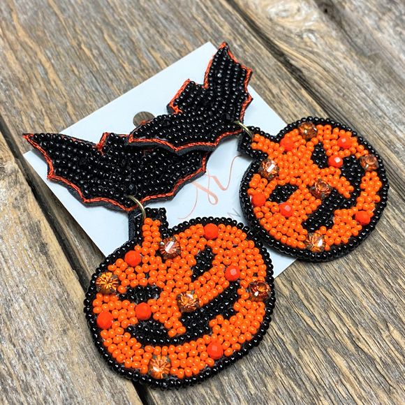 Pumpkin Bat Seed Bead Earrings
