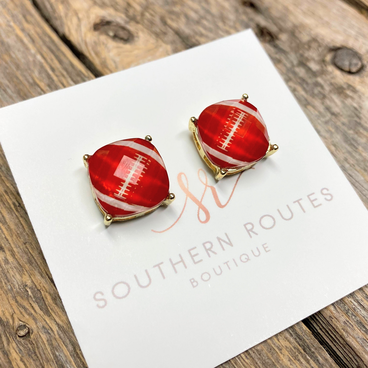 Glass Stud Football Earrings | Red