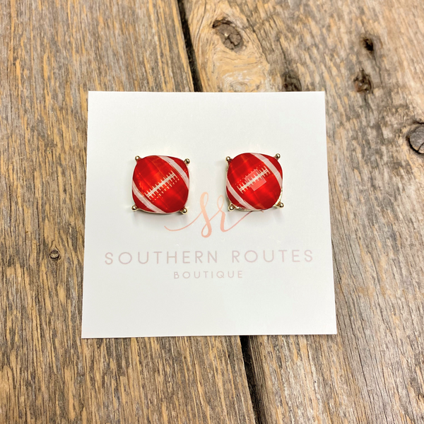 Glass Stud Football Earrings | Red