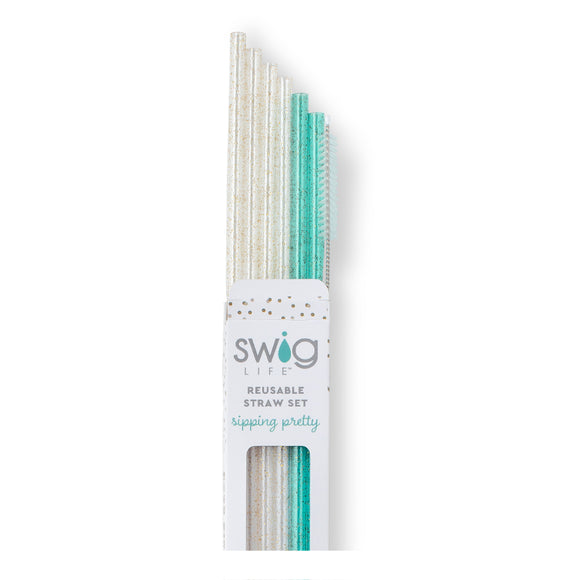Glitter Clear + Aqua | Reusable Tall Straw Set | Swig